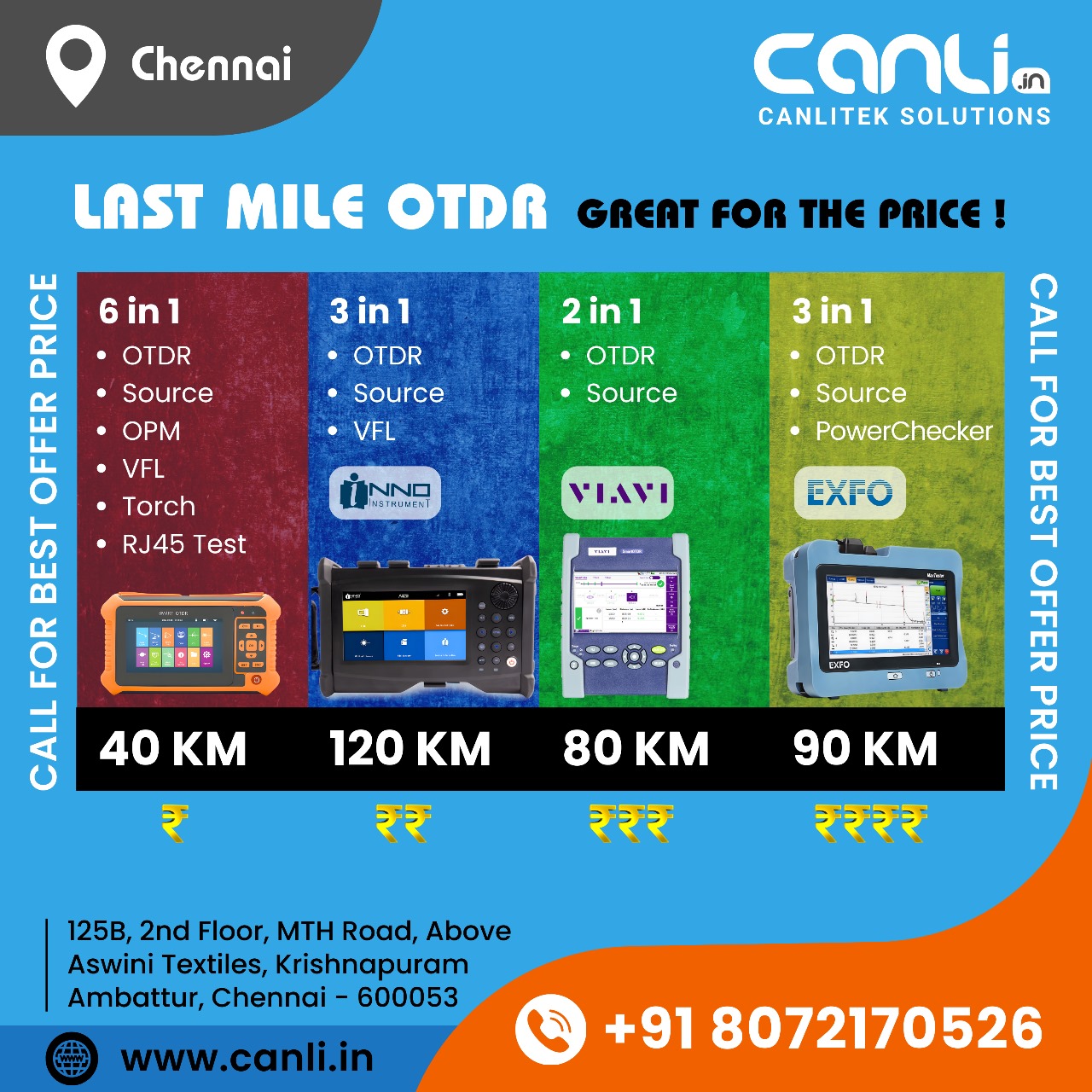 Last Mile OTDR from EXFO, Viavi, Inno and Chinese brands from Canlitek Solutions Chennai at best offer price and service support