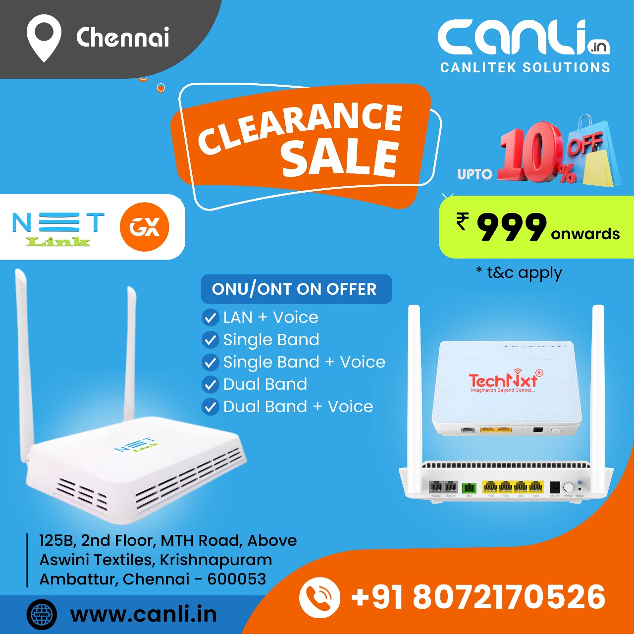 TechNxt ONT, Netlink ONT, GX ONT on Clearance Sale Offer in Chennai from Canlitek Solutions, Call +91-8072170526