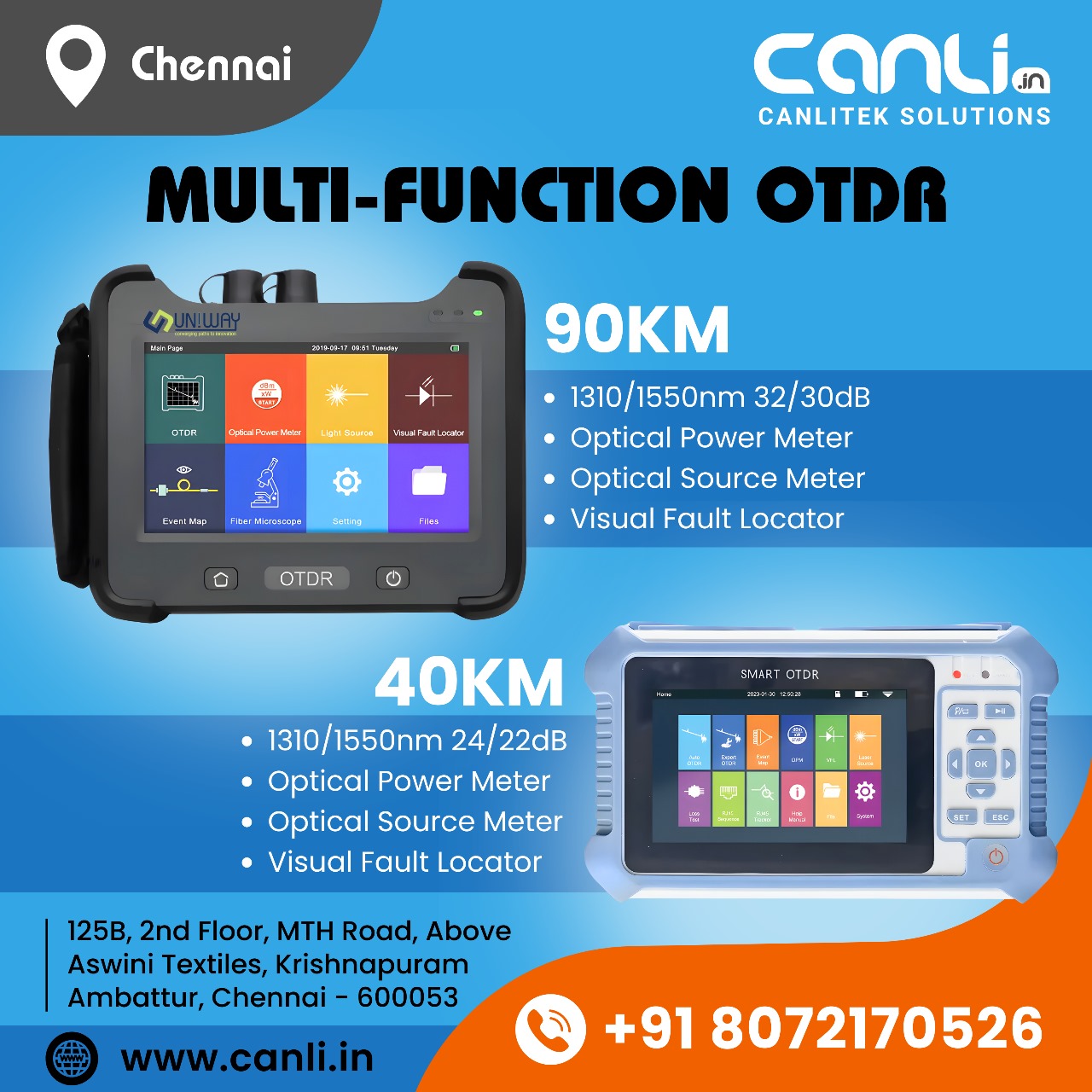 Uniway OTDR and Chinese OTDR at best offer price in Chennai from Canlitek Solutions, Chennai with Service Support