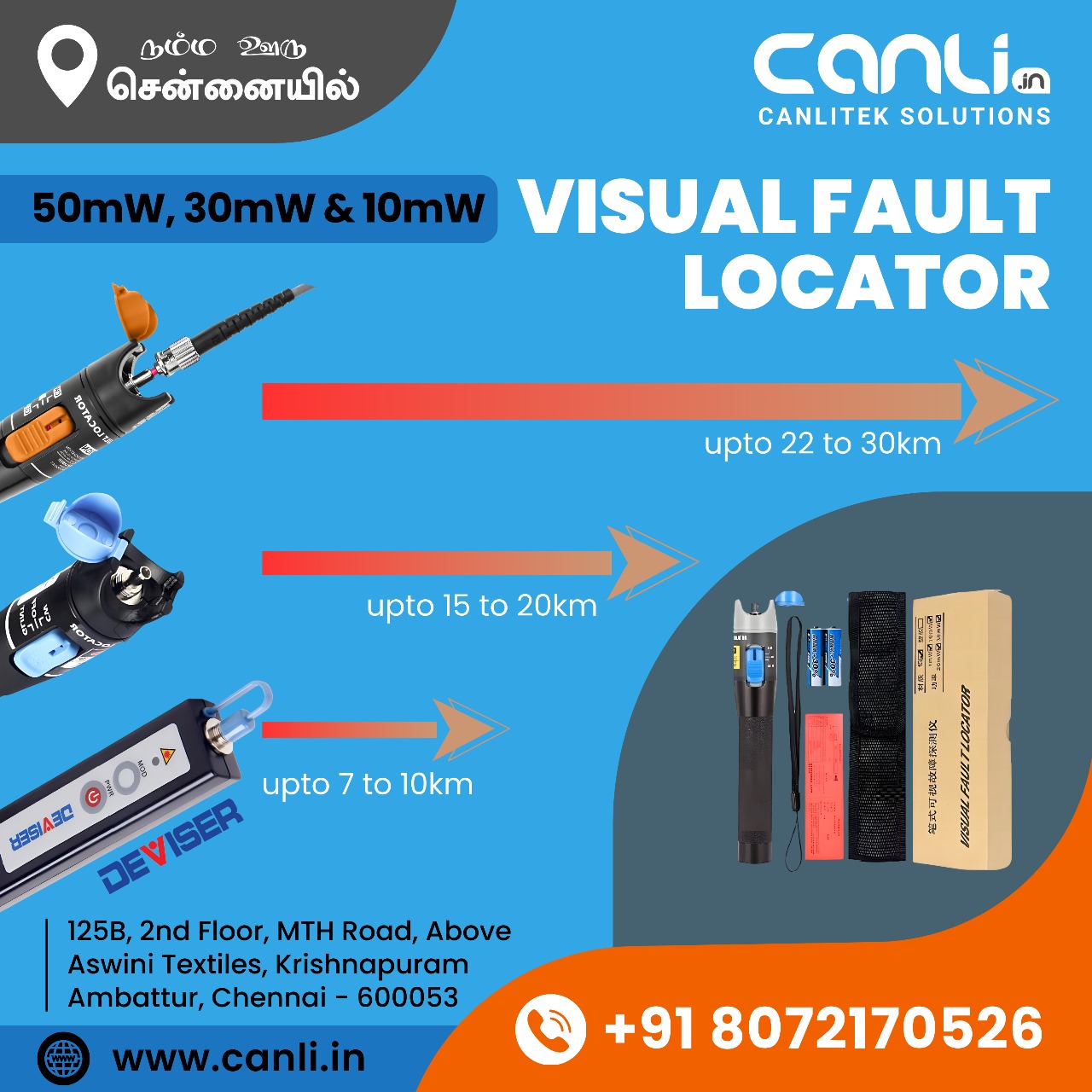 Wide range of Visual Fault Locators from 10mW to 30mW to 50mW, range from 10km to 30km of Deviser and leading Chinese brands at best price from Canlitek Solutions, Chennai