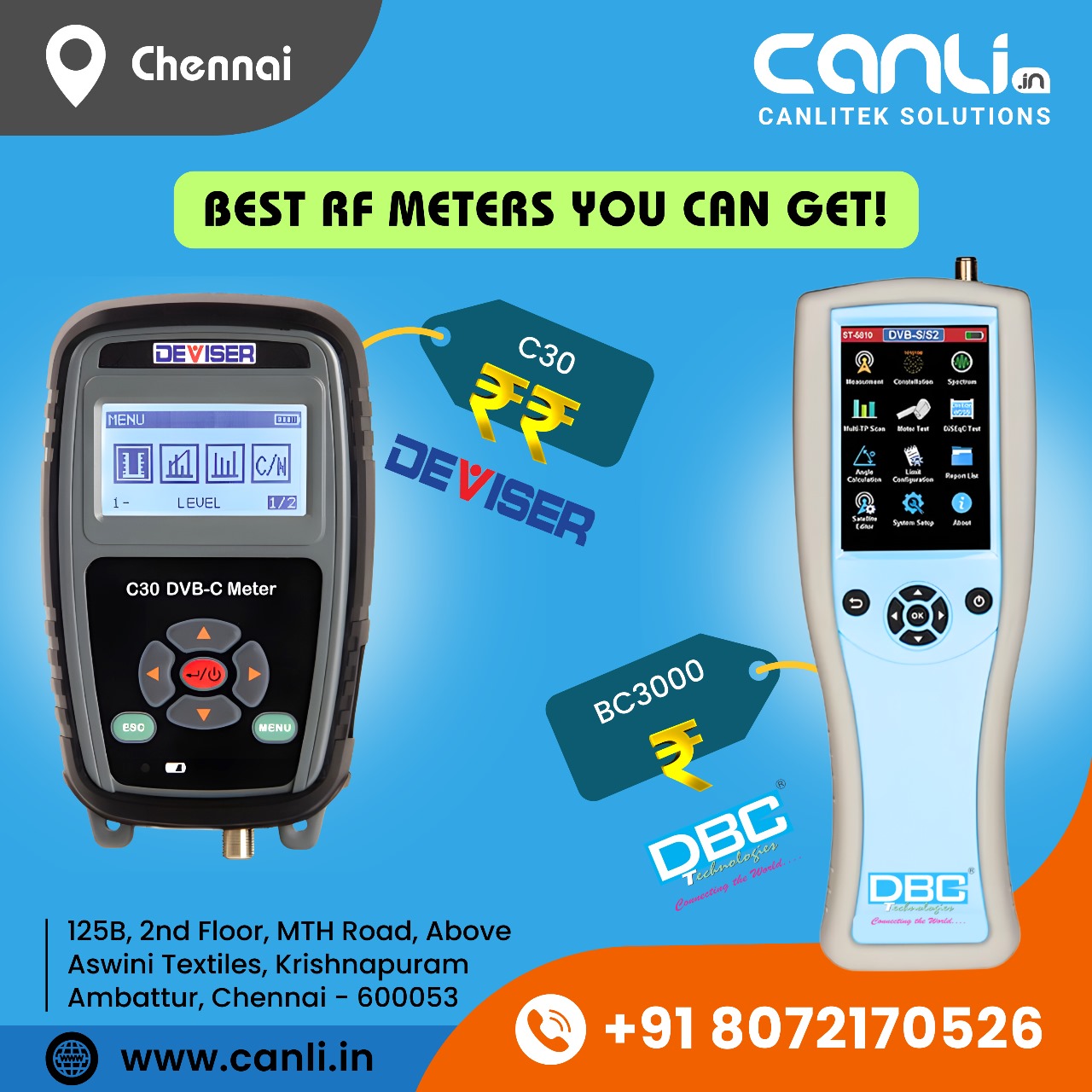 Deviser C30 and DBC BC3000 RF Meter at best offer price and service support in Chennai at Canlitek Solutions