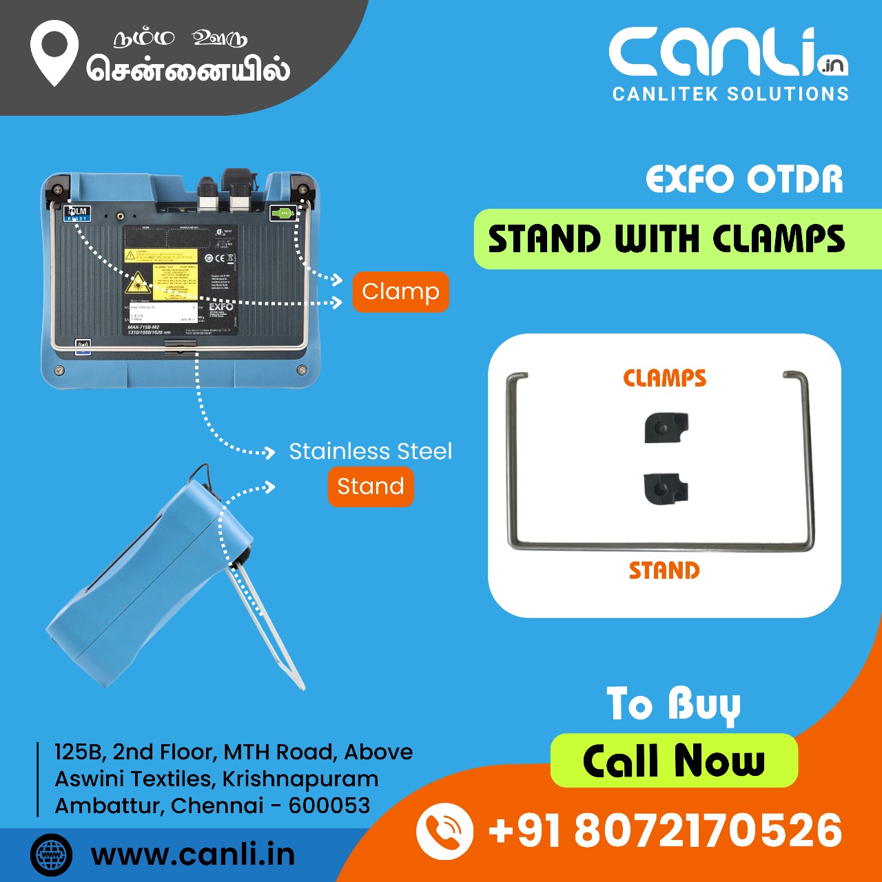 OTDR Stand for EXFO OTDR MAX-710B, MAX-715B, MAX-730B OTDRs in ready stock at Canlitek Solutions Chennai