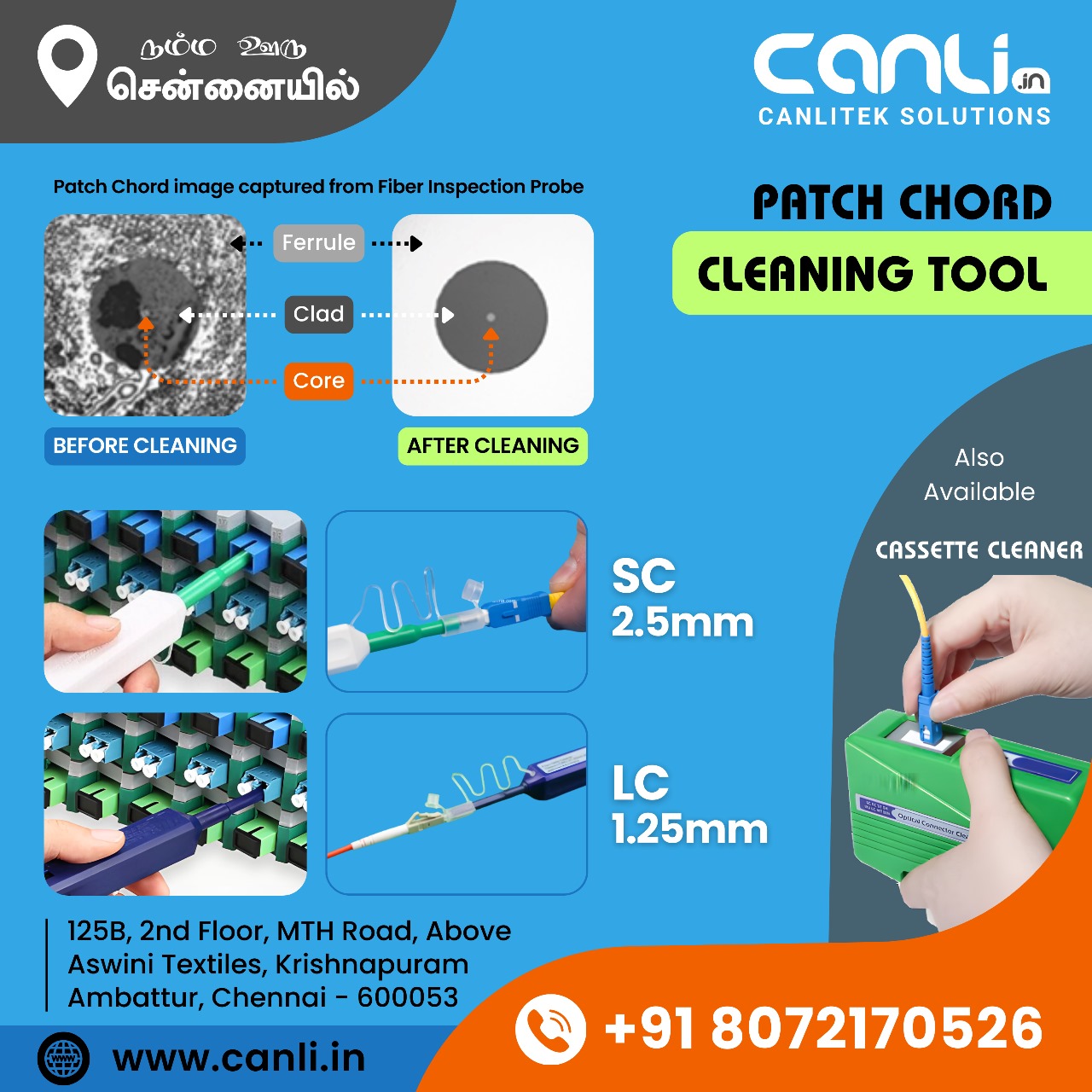 Patch chord Pen type cleaner, one click cleaner, cassette cleaner at best price from Canlitek solutions Chennai